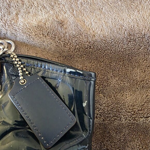 Coach Leah Embossed Patent Leather Tote Bag Navy Blue Tan Trim Turnlock Shoulder - Picture 4 of 16